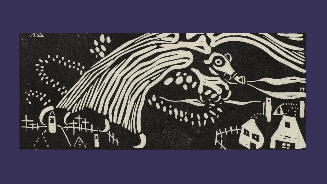 Vasilij Kandinskij, «Baba jaga», 1907 Svevende drage-figur i landskap laget med enkle former i grafikk