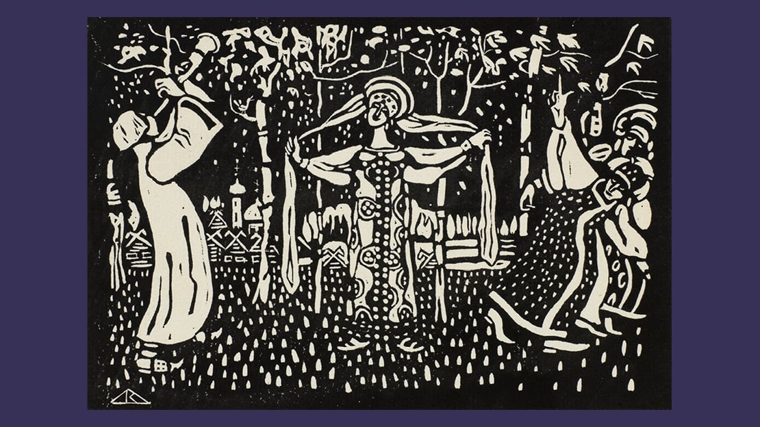 Byline bilde: Vasilij Kandinskij, "Skalmeie", 1907. Skogsinteriør i svart og hvitt. Kvinnen har lukket øynene og lytter til musikken som fremføres av en som spiller på et Skalmeie