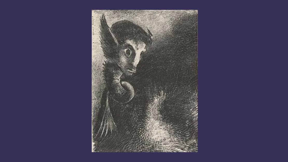 Odilon Redon, «La Chimère», ca. 1886 Et bilde i sort/hvitt av en mystisk dyrelignende skikkelse som trer frem fra mørk bakgrunn