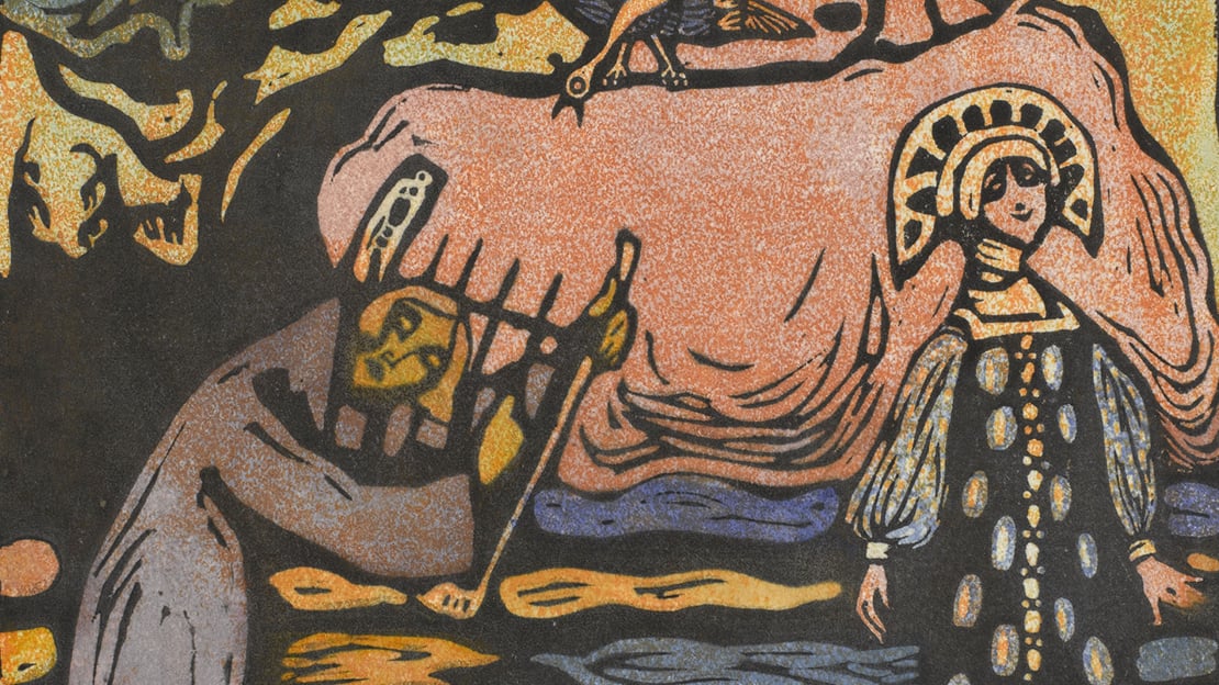 Vasilij Kandinskij, «Lyre», 1907 sorte streker og former med farger danner bilde av en figur som spiller på en lyre og en kvinneskikkelse står ved siden av.