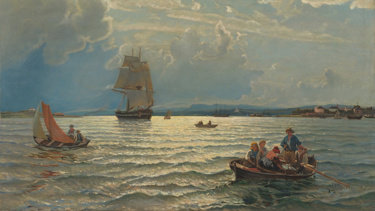 Emma Dahl, «Innseilingen til Kristiania» (utsnitt), 1876. Kopi etter Hans Gude. Privat eie. Motiv av seilskip på vei inn Christianiafjorden