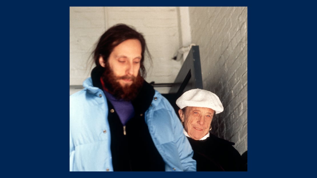 Louise Bourgeois leaving her studio in Brooklyn along with her assistant Jerry Gorovoy in 1993.
