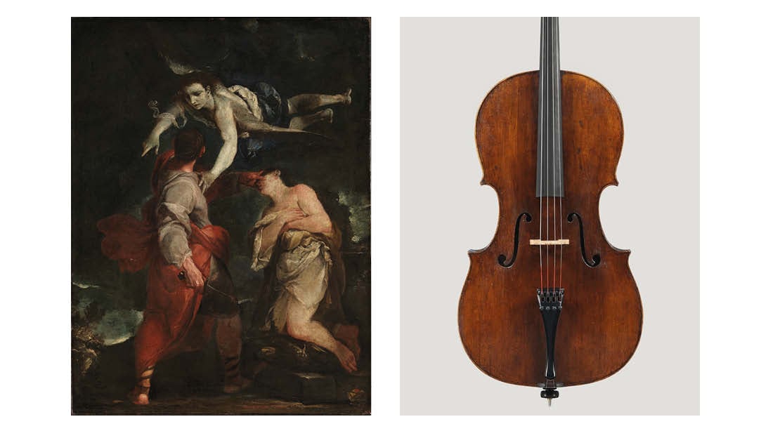 Venstre: Giuseppe Maria Crespi (antatt sikker), «Abrahams offer», 1690-årene. Høyre: Cello laget av F. Rugieri i 1690.