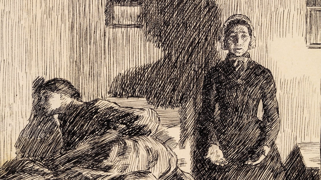 Tegning av to kvinner i et rom. Den ene sitter på en stol, den andre ligger i en seng og legger øret mot veggen