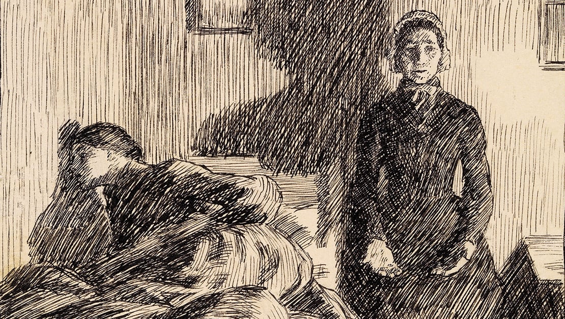 Erik Werenskiold, «Ma og Thinka», illustrasjon til Familien på Gilije, 1904 (utsnitt). Bildet viser en tegning av Erik Werenskiold fra «Familien på Gilje» der Thinka ligger fortvilet i sengen sin.