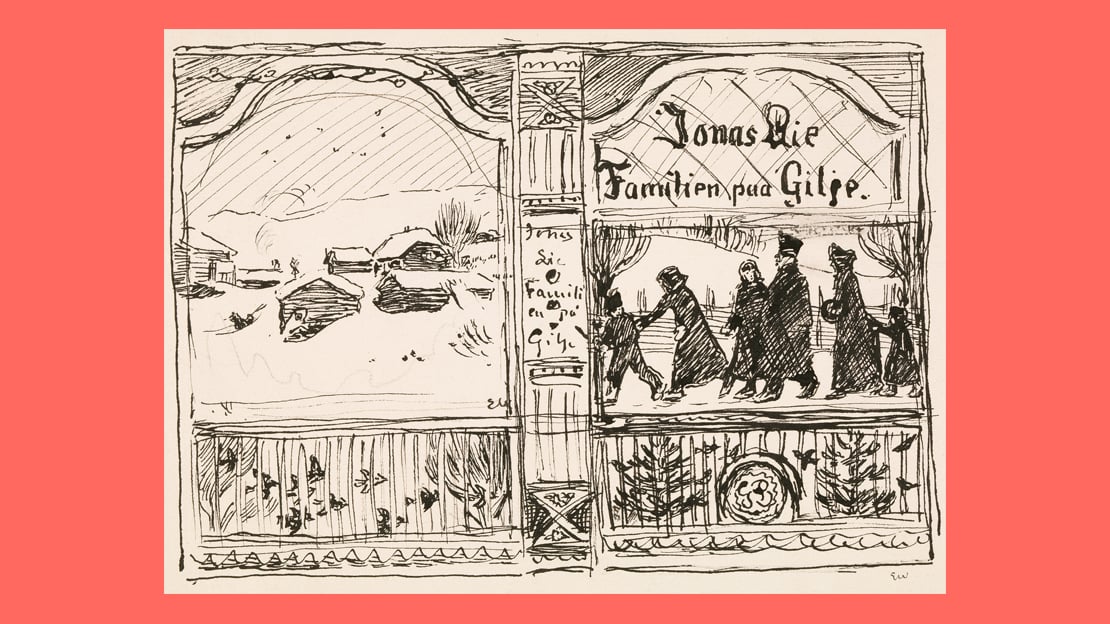 Erik Werenskiold, «Familien på Gilje», forarbeid til omslag (utsnitt), 1903. Tegning av bokomslag hvor du ser en familie som går på rekke og tegning av noen hus