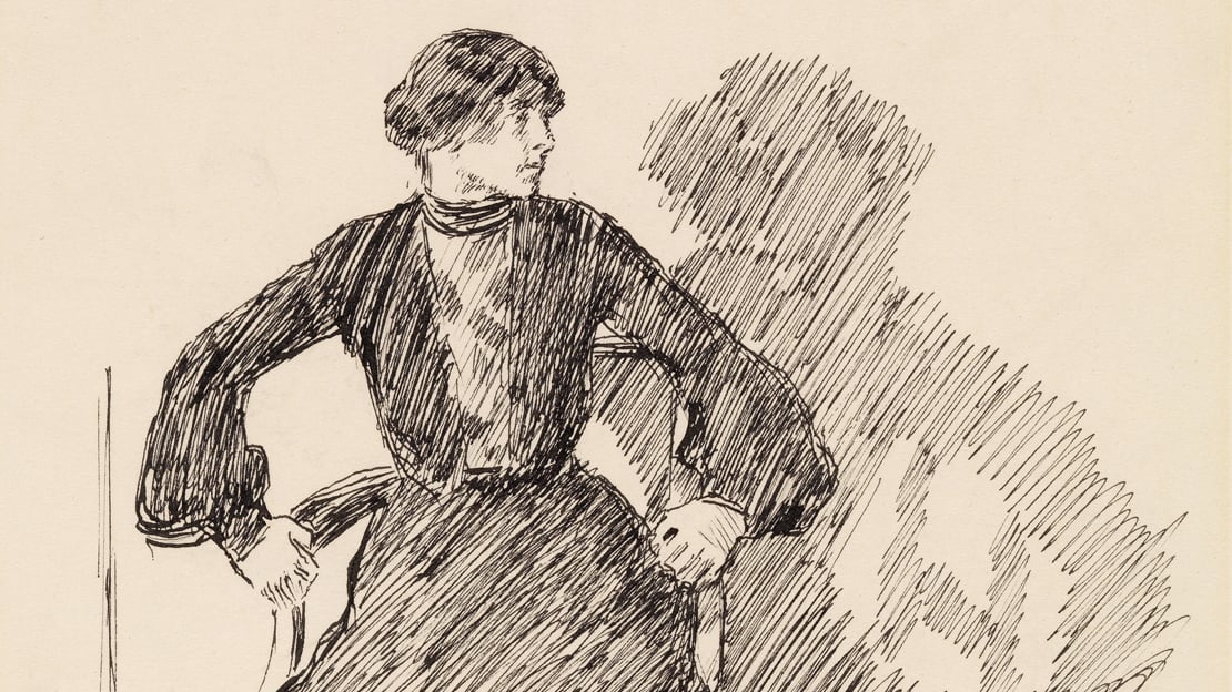 Erik Werenskiold, «Inger-Johanna» (utsnitt), illustrasjon til «Familien på Gilje», 1890-tallet Tegning av kvinne som sitter på en stol og holder armene i siden