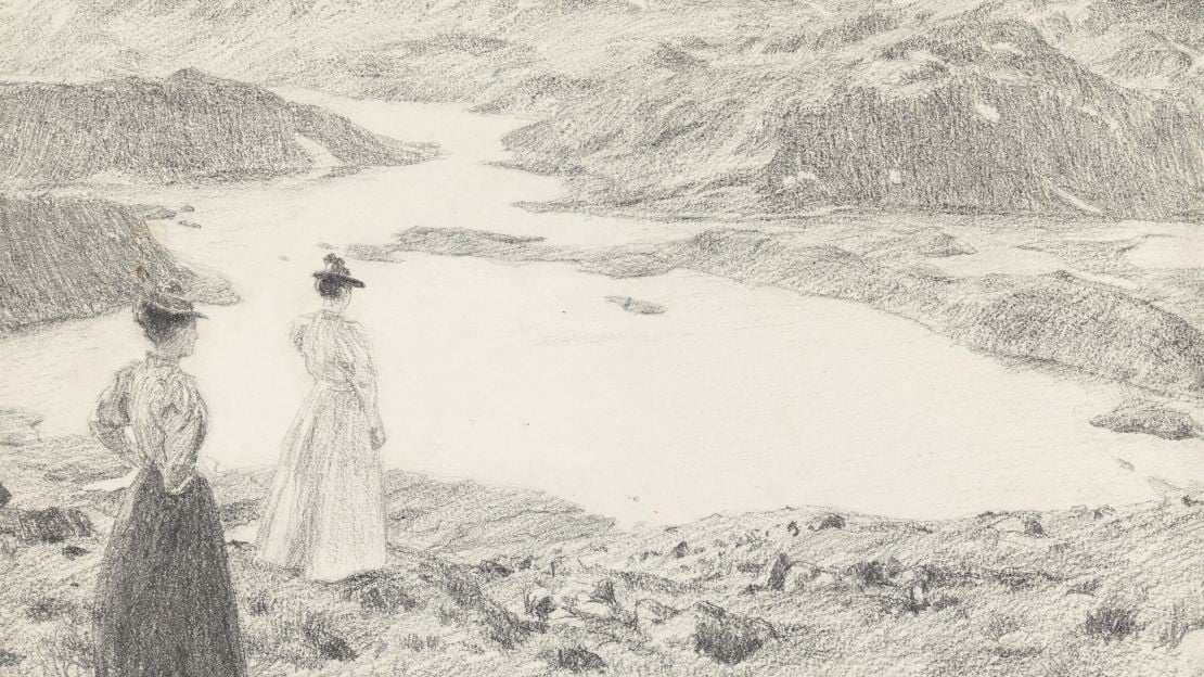 Erik Werenskiold, «På fjellet» (utsnitt), antagelig 1893 Tegning av to kvinner som ser utover landskap i fjellene