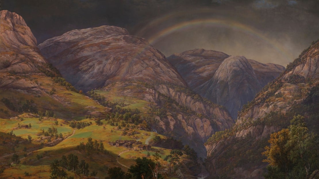Johan Christian Dahl, «Fra Stalheim» (utsnitt), 1842 Fjellandskap med regnbue