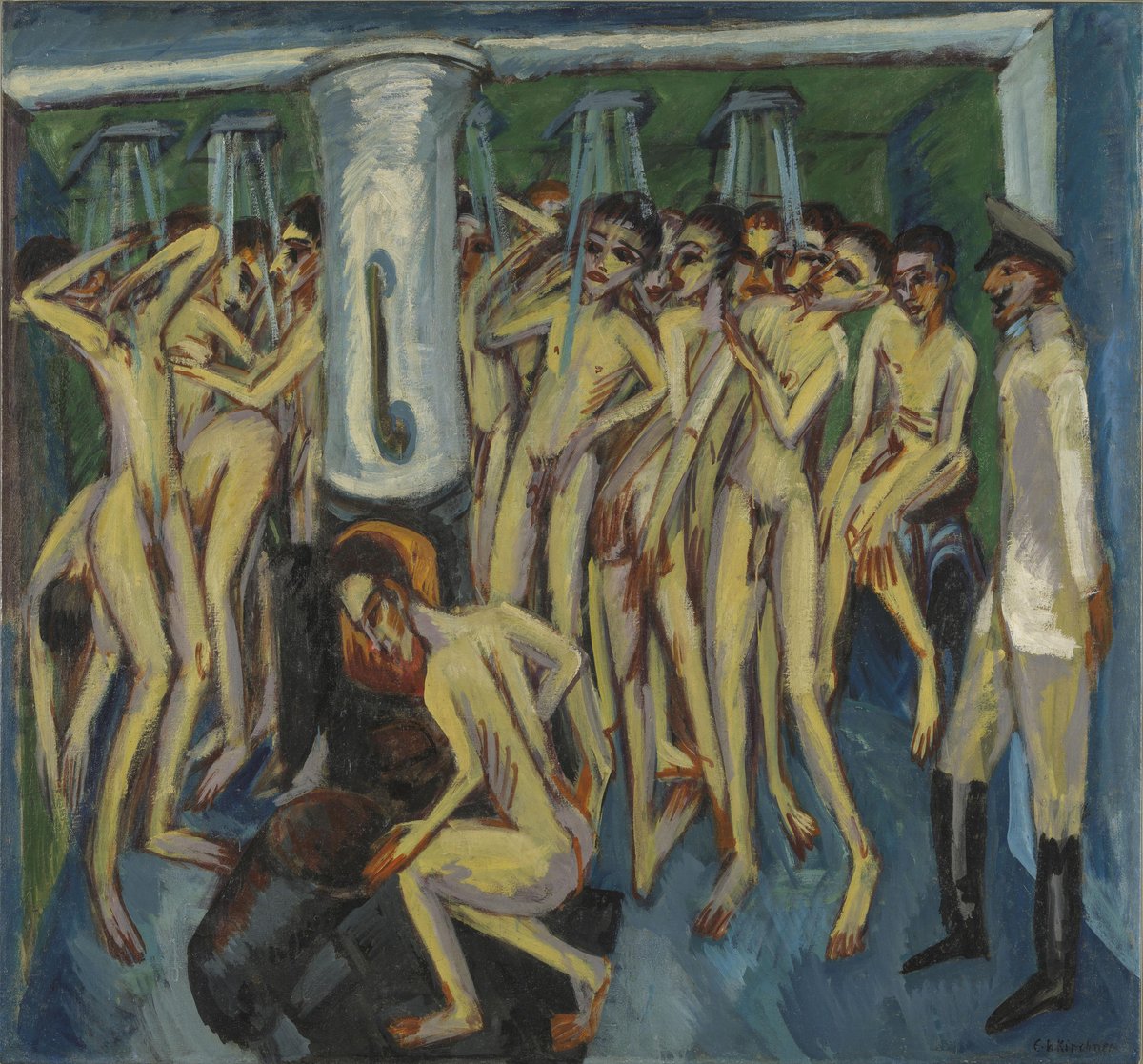 Ernst Ludwig Kirchner, «Soldatbadet», 1915. Verket er et oljemaleri, hundre og førti centimeter bredt og halvannen meter høyt. Motivet er en gruppe nakne menn som dusjer.