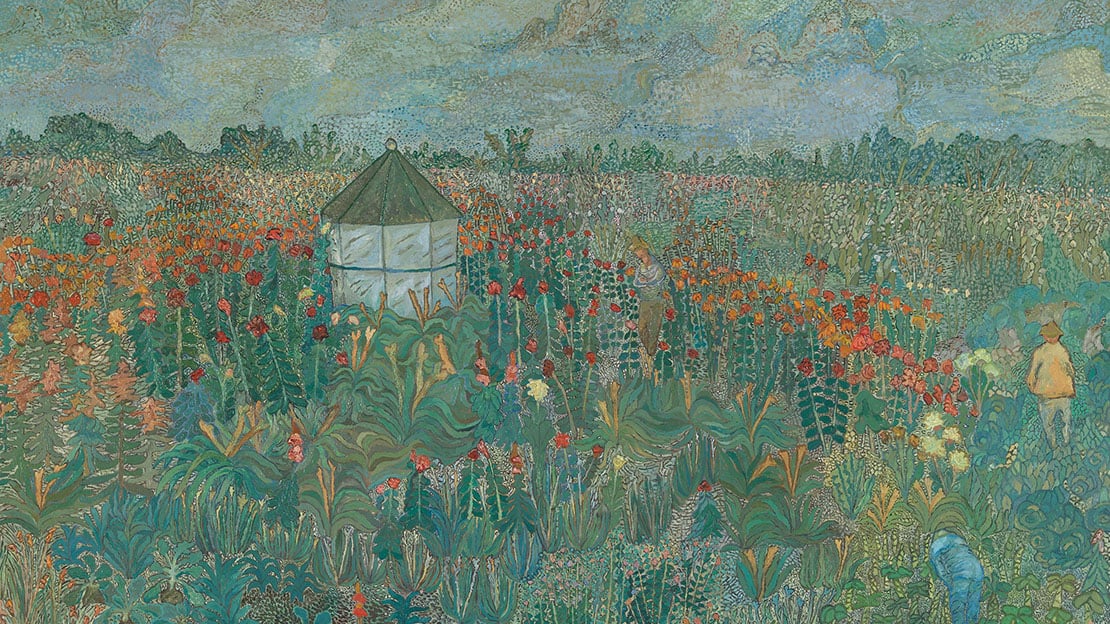 Teddy Røwde, «Paviljongen» (utsnitt), 1939 detaljrrik blomstereng med menneske og paviljong