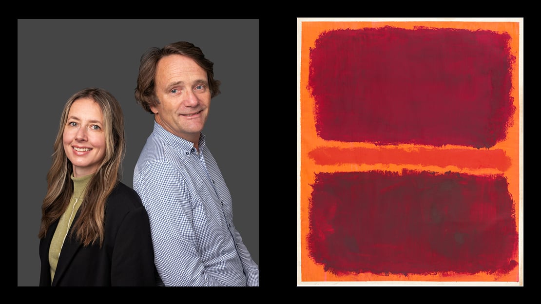 t.v: Karianne Ommundsen og Øystein Ustvedt. t.h: Mark Rothko, «Untitled», 1969 © 2005 Kate Rothko Prizel and Christopher Rothko Til venstre: portrett av foredragsholderne mot grå bakgrunn, til høyre: maleri i rødtoner