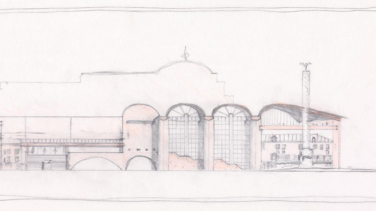Sverre Fehn, Bastille-operaen. Med Ole Fredrik Stoveland/ 4b-arkitekter. Fasadeoppriss (utsnitt), 1983. Arkitekturskisse av bygning i blyant
