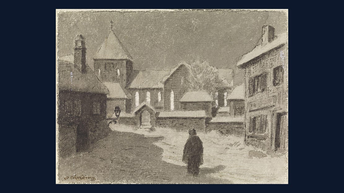 Otto Sinding, «Det var så stilt på gaten, og hun så ikke et menneske på veien», ca. 1879 En skikkelse befinner seg i en folketom snøkledt gate omkranset av hus.