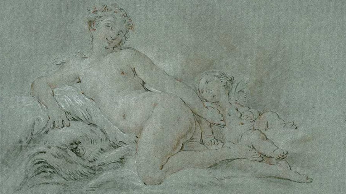 François Boucher (tilskrevet), «Nymfe og amorin», 1700-tallet Naken nymfe med liten engel ved sin side