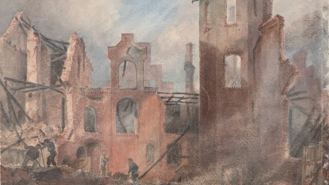 Wilhelm von Hanno, Petersens gård etter brannen, 1858 (utsnitt) Akvarell, nedbrente bygninger