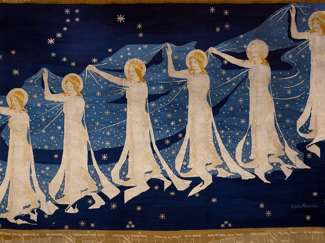 Women in line with stars and blue sky in the background