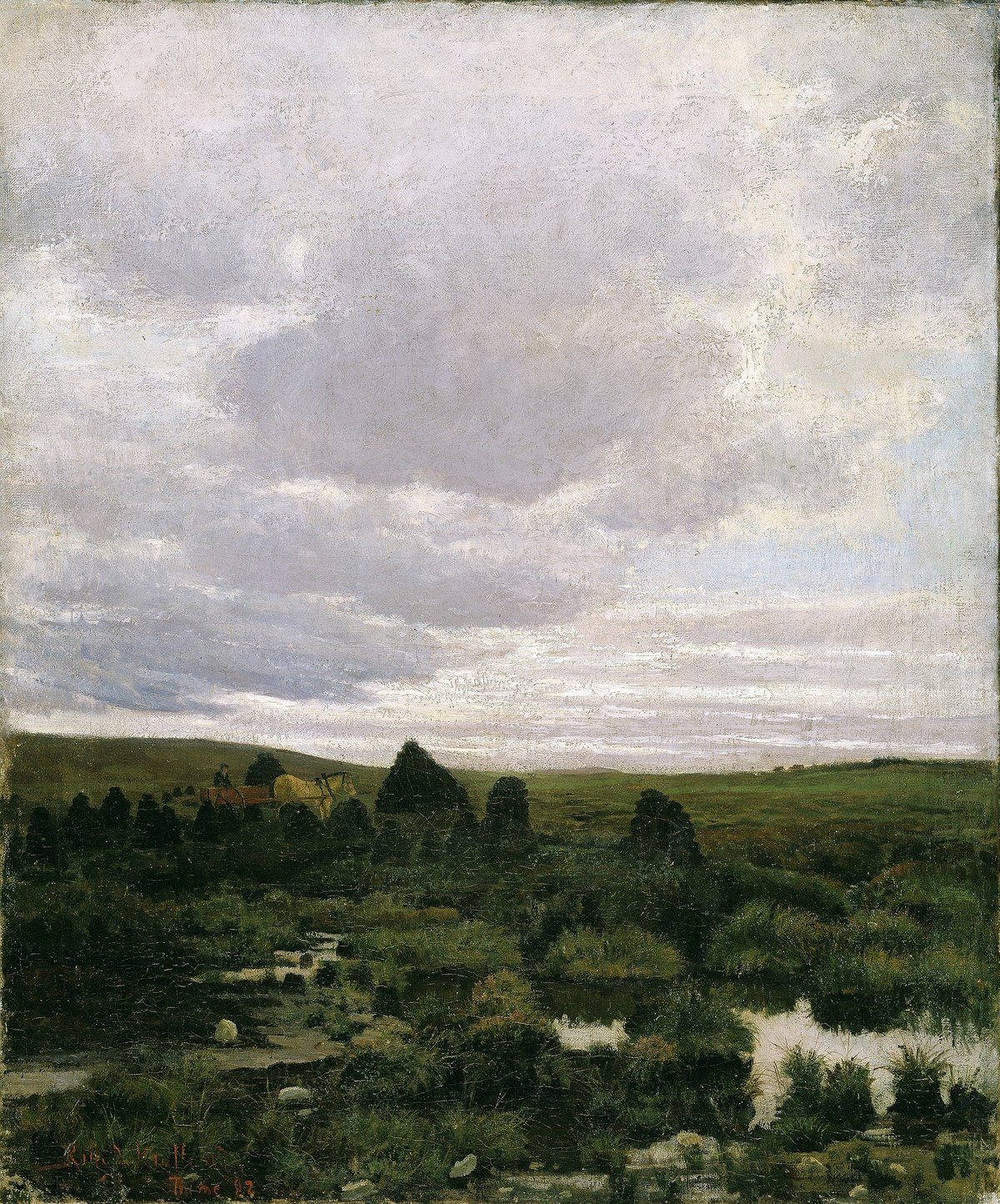 En av de tidlige studiene av torvmyrene på Jæren. Kitty Kielland, «Torvmyr på Jæren», 1882. Maleri av ei torvmyr