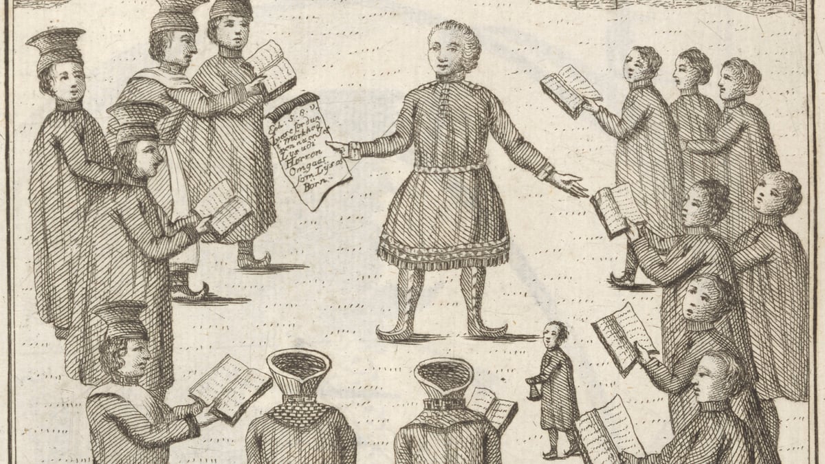 O. H. de Lode, «Preken under åpen himmel / Sárdni olgoáimmus» (utsnitt), første halvdel av 1750-tallet Prest som holder preken utendørs. Illustrasjon. Kobberstikk.