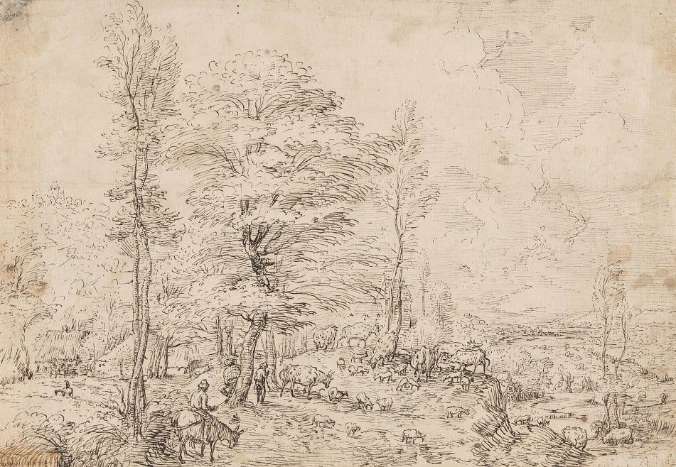 Pieter Bruegel den eldre, «Landskap med kuer», 1552. Oppe på høyden vises et lite hus og en mann på hest i forgrunnen. Til høyre åpner det seg et bakkelandskap, med utsikt.