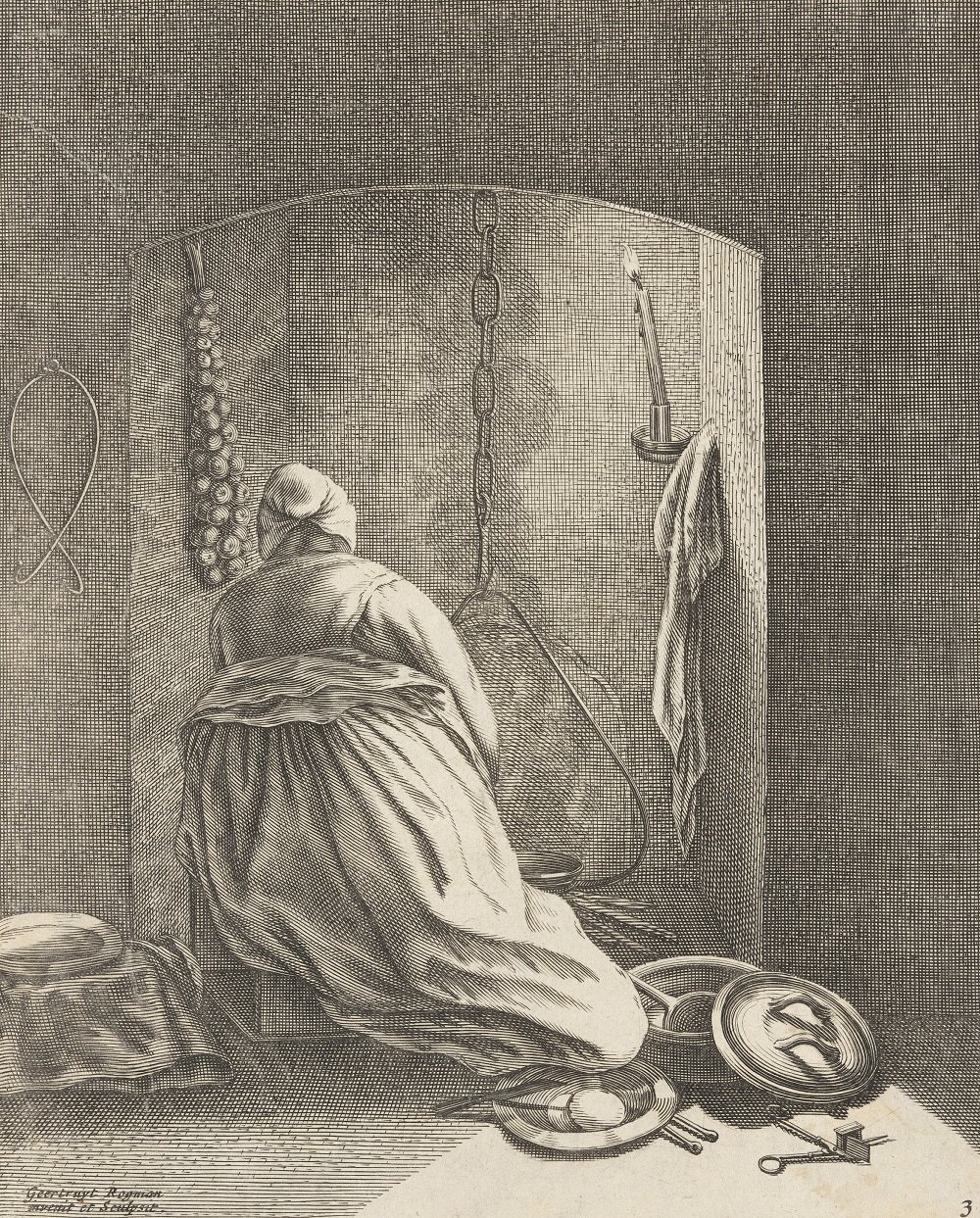 Geertruydt Roghman , «Kvinne ved ovn», 1625–1657.
