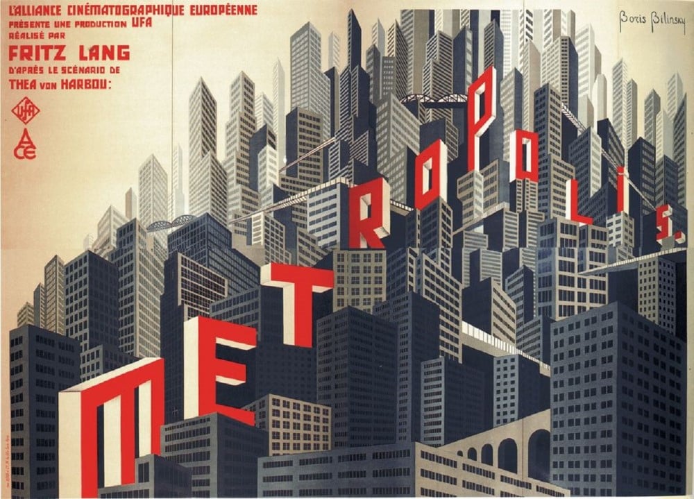 Metropolis (1927) by Fritz Lang is an example of Piranesi's influence on the science fiction genre. Poster by Boris Bilinsky.