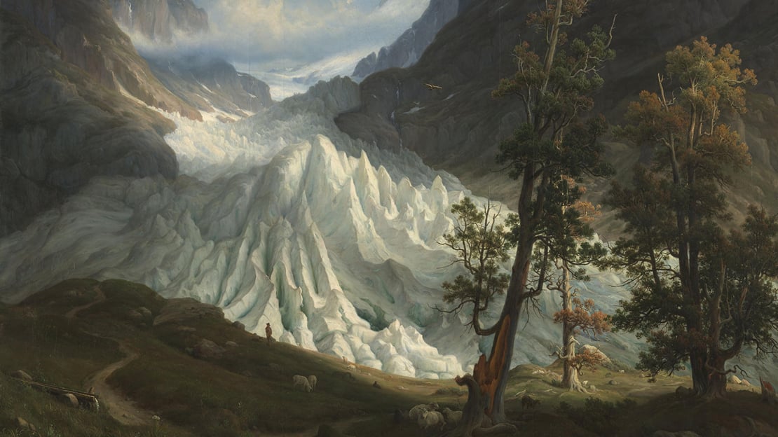 Thomas Fearnley, «Grindelwaldgletscheren» (utsnitt), 1838. En stor isbre velter frem mellom høye fjell. I front noen gamle trær, en liten figur og sauer gresser omkring.