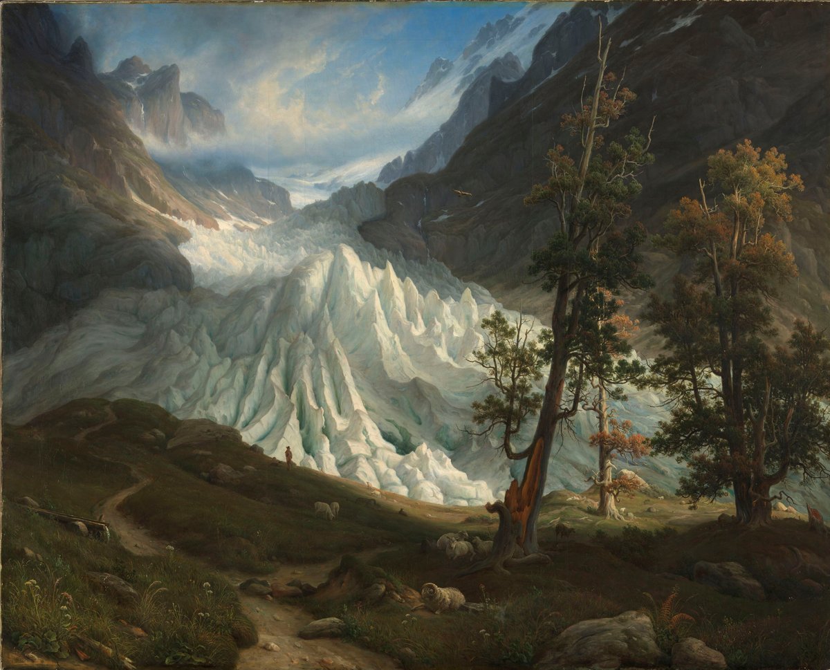 Maleri av isbre i massivt fjellandskap