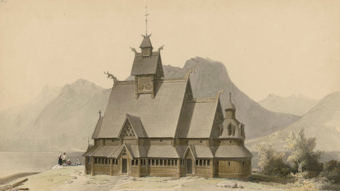 Franz Wilhelm Schiertz, «Vang gamle kirke i fortiden», 1841. Staatliche Museen zum Berlin, Kunstbibliothek En storslått stavkirke ruver foran norsk landskap