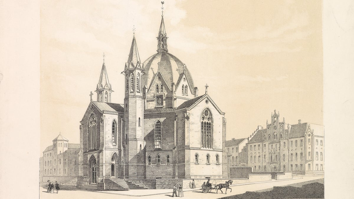 tegning av kirke med store spir