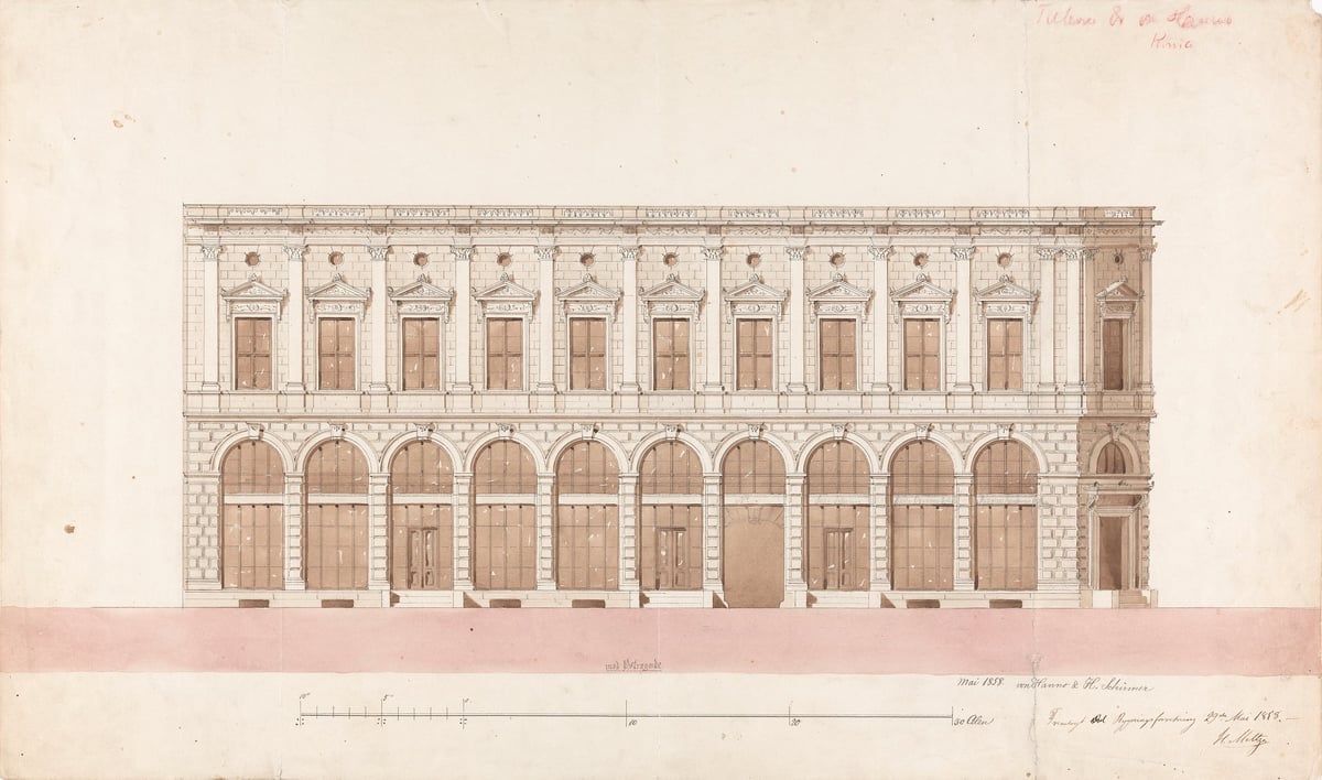 Tegning av bygning med mange vinduer