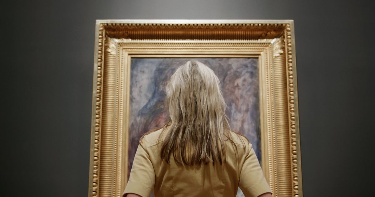 A K Dolven in front of Edvard Munchs "Self portrait with cigarette" (1895)