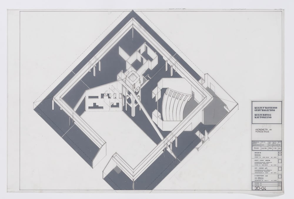Boarch arkitekter: Kautokeino kulturbygg. Aksonometri av hovedetasje, 1980. Tusj på plastfilm, 605 x 908 mm.
