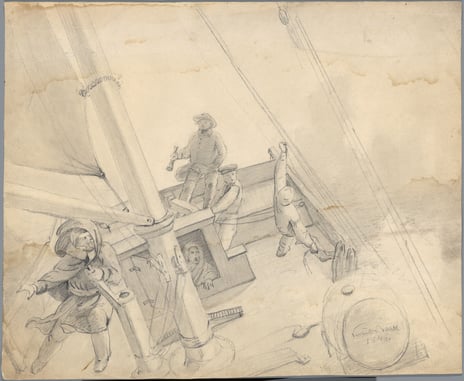 Knud Baade, «På skipsdekk i uvær», 1846.