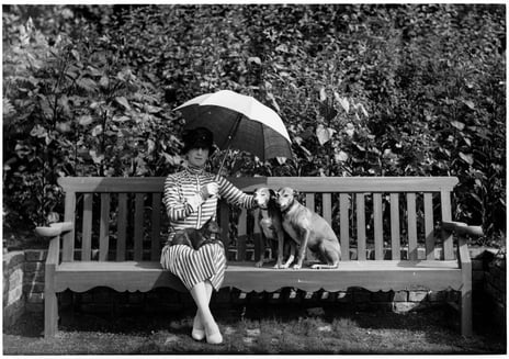 Dronning Maud på Bygdøy kongsgård med hundene Billy, Jacy og Jim, 1926.