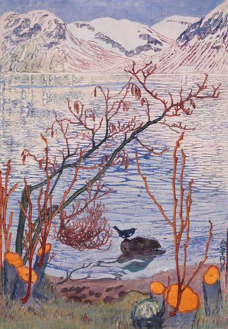 Nikolai Astrup, «Fugl på sten», 1905 (plate) / ca. 1914 (trykk). «Fugl på sten» av Nikolai Astrup