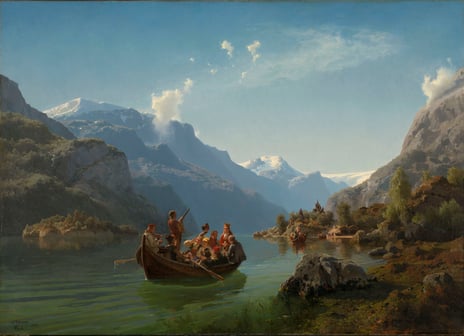 Hans Gude and Adolph Tidemand, «Bridal Procession on the Hardangerfjord», (1848). A bridal procession in boats on a fjord, with people in traditional dress, mountains, and a stave church in a summer landscape.