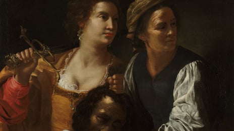 Artemisia Gentileschi, «Judit og tjenestekvinnen med Holofernes' hode» (utsnitt), 1639 eller 1640 Maleri av to kvinner som ser mot noe utenfor bilde