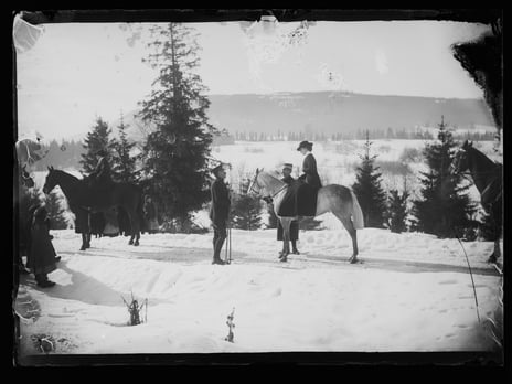Queen Maud on horseback (ca. 1915?) woman on horse in landscape with snow