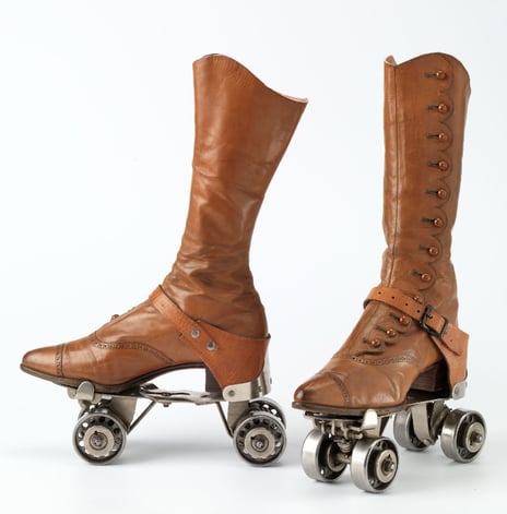 Roller skates, Peck & Snyder, Sometime between 1896 and 1913 high brown shoes with wheels