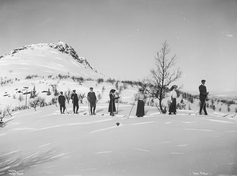 Queen Maud and entourage skiing in Fefor, 30 March 1909. people in a row skiing
