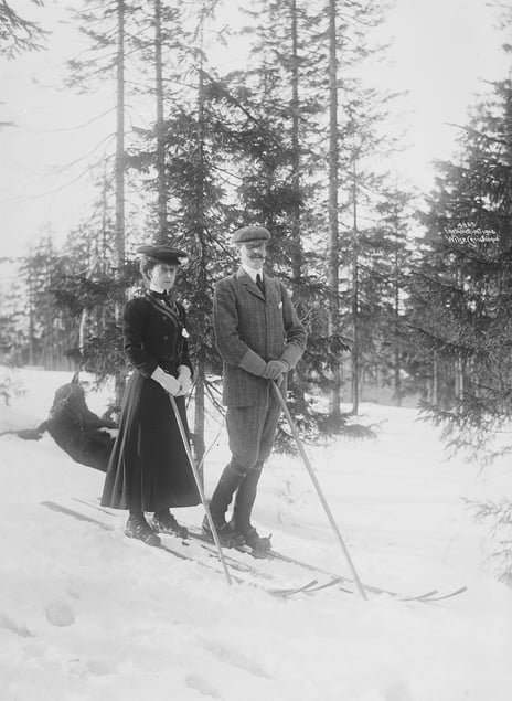 Skiing, 9 March 1906. woman and man skiing