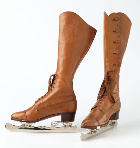 Ice skates, W. Thornhill & Co, sometime between 1900 and 1920 brown high ice skates
