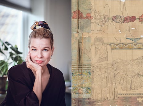 Blond kvinne og kartonger til bildevev