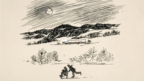 Kjell Aukrust, «Vestatéingen kom hemat ved midnatt», før 1958, (Utsnitt) Pennetegning av Aukrust av figurer på spark i kveldslandskap.