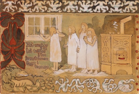 Flere barn som ser ut av et vindu om natten. Rommet er skyggefullt, og barna ser litt redde ut.