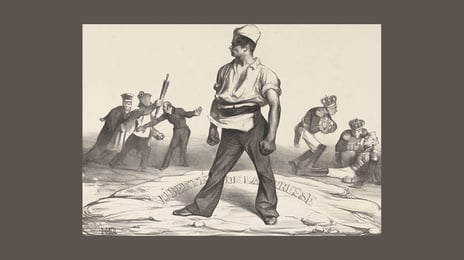 Honoré Daumier, «Kom ikke her og forsøk dere!!», (1834) Stolt figur i midten av bildet med med knyttede never. Bak ham vises scener som vitner om maktens undertrykkelse