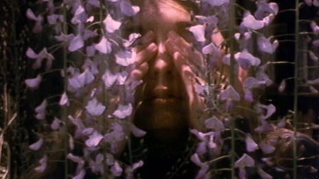 Still from Barbara Hammer's "Women I Love". Person with hands in front of face. Purple flowers.