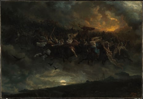 ​​En hær med norrøne krigere til hest rir over en stormfull nattehimmel.
