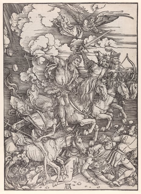 Albrecht Dürer,«De fire apokalyptiske ryttere», antagelig 1498 (plate) / etter 1498 (trykk). «De fire apokalyptiske ryttere» av Albrecht Dürer